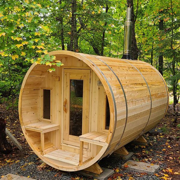 Outdoor barrel-style sauna - with porch